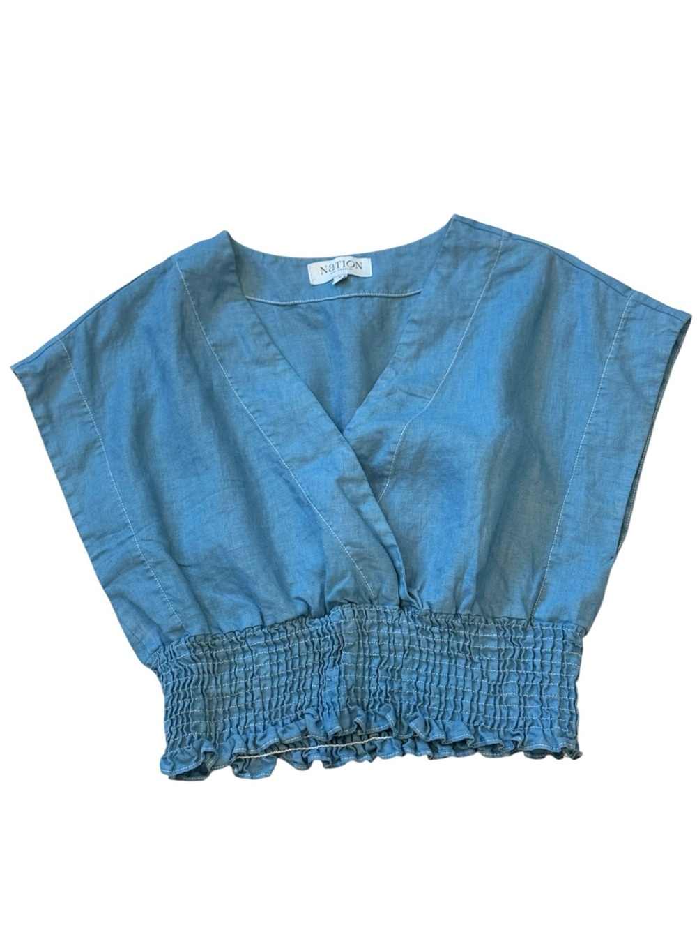 Nation Los Angeles LTD Chambray Blue Wrap Front Top Smocked Waist Small
